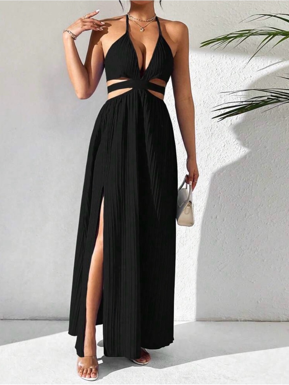 SHEIN Black Halter Cutout Pleated Maxi Backless Dress